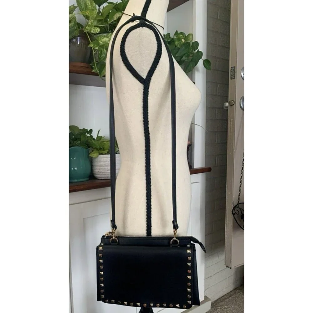 Mark & Hall Fold Over Black Faux Leather Crossbody Flap Bag Gold Rock Stud EUC